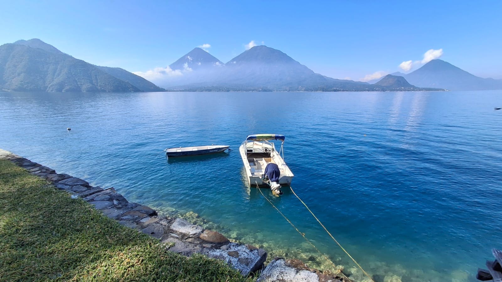 Volcanoes rising over Lago Atitlán at dawn, Guatemala